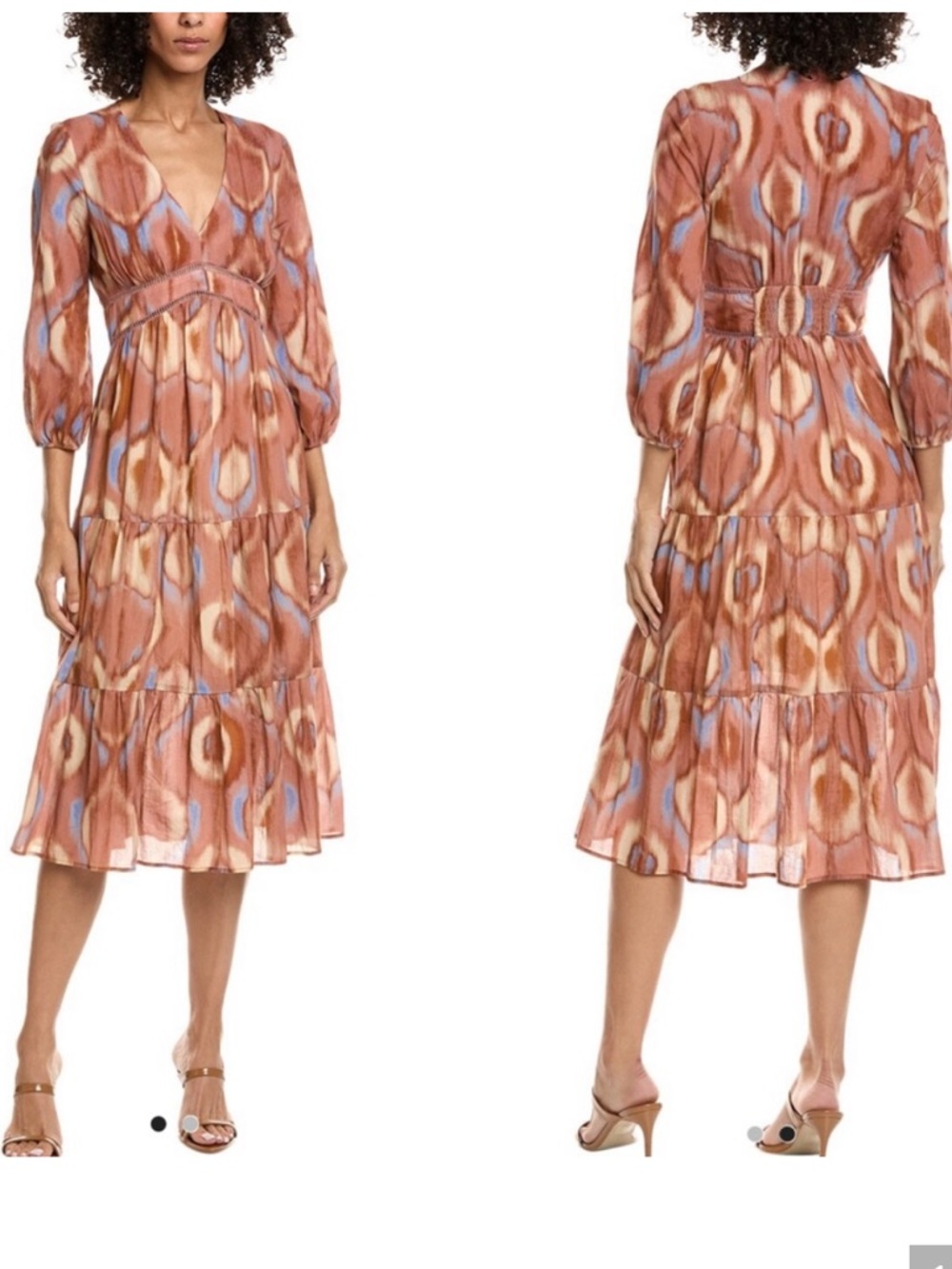 NEW ba&sh Carela Midi Lady Dress Watercolor Ikat Pattern in Boisderose Sz 8 NWT